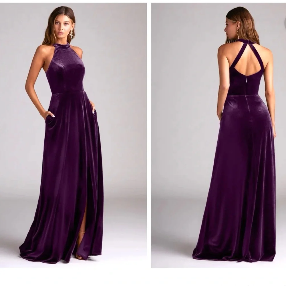 Azazie Larice Grape Aline High Neck Velvet Dress Plus Size 22 New